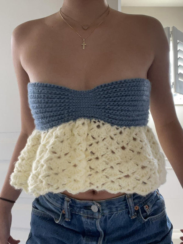 Myka Women's Color-Block Tube Top Vest Sexy One-Shoulder Straps Backless Hot Girl Knitted Sweater Top
