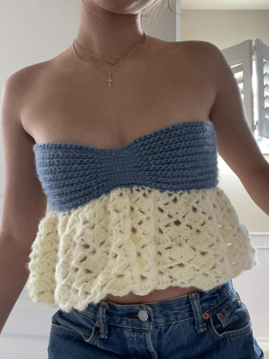 Myka Women's Color-Block Tube Top Vest Sexy One-Shoulder Straps Backless Hot Girl Knitted Sweater Top