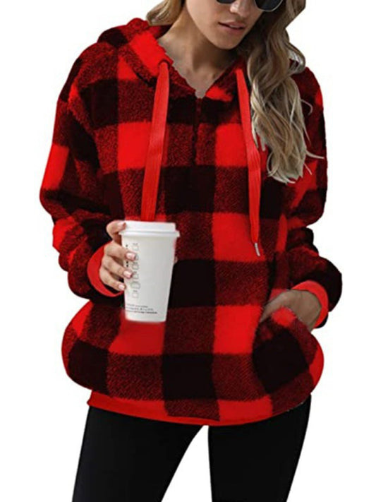 Cadence Long Sleeve Hooded Plaid Plush Women's Sweatshirt