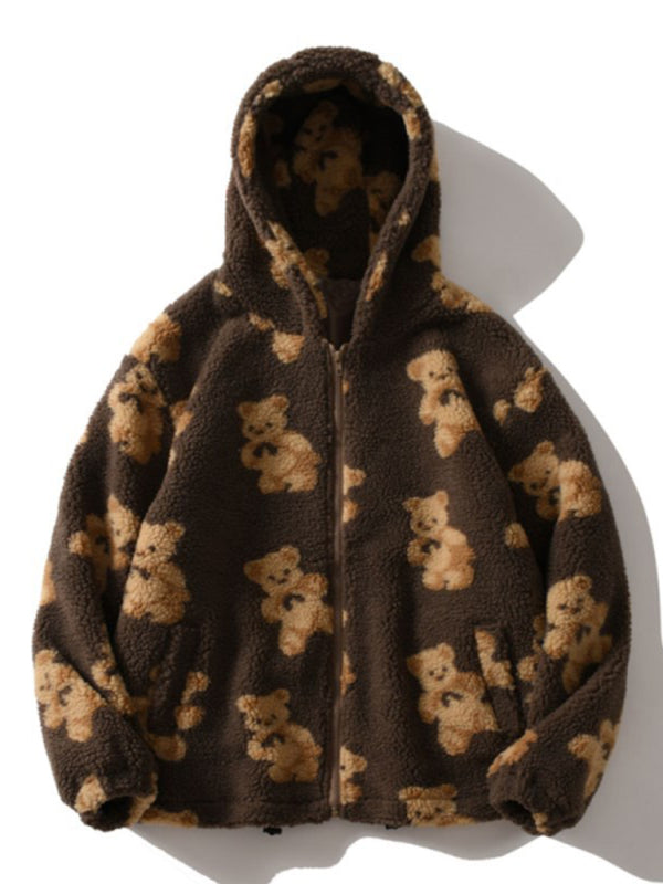 Jayda Ladies Hooded Thick Casual Cartoon Pattern Bear Zipper Pocket Plush Sweater
