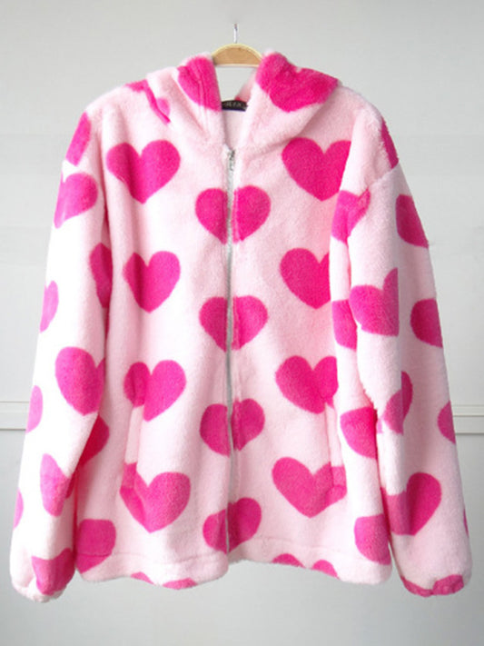 Jayda Ladies Hooded Thick Casual Cartoon Pattern Bear Zipper Pocket Plush Sweater