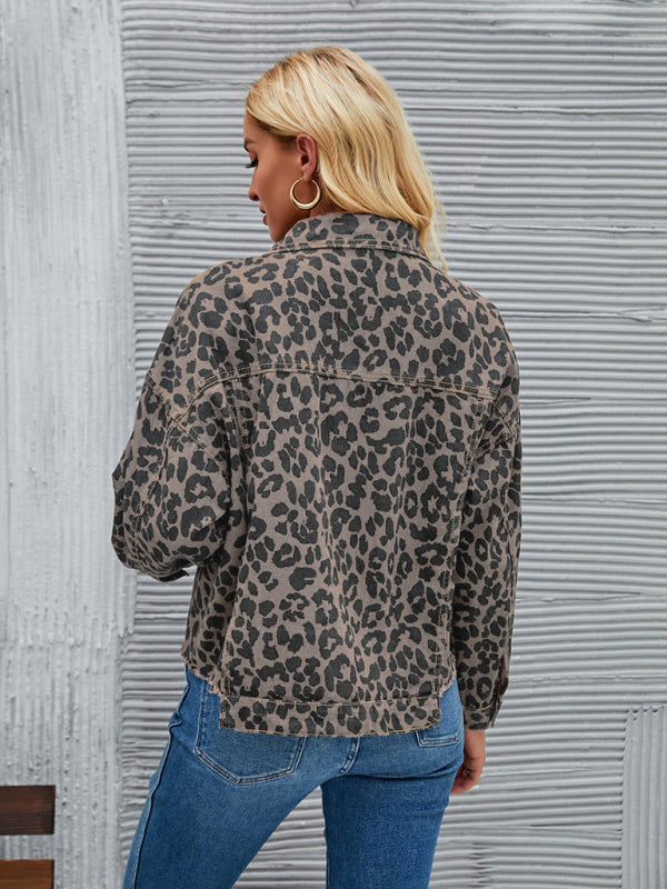 Jocelyn Women's Autumn and Winter New Leopard Print Fashion Casual Denim Short Jacket