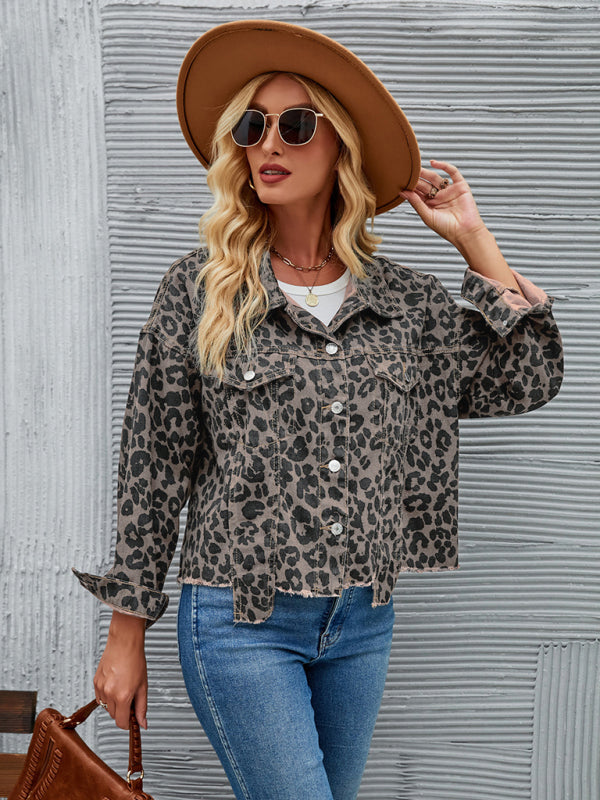 Jocelyn Women's Autumn and Winter New Leopard Print Fashion Casual Denim Short Jacket