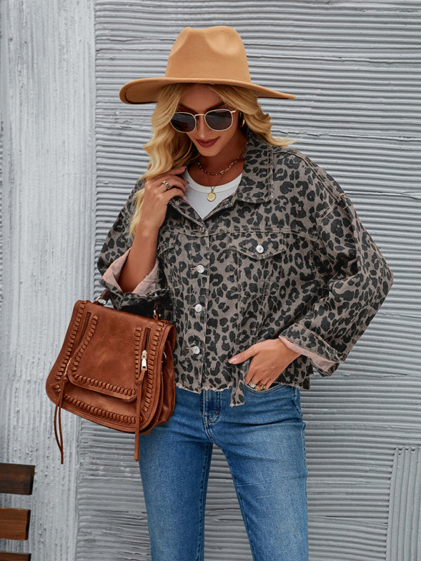 Jocelyn Women's Autumn and Winter New Leopard Print Fashion Casual Denim Short Jacket