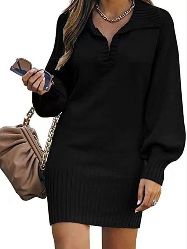 Everleigh New Women's Fashion Sweater Mid-Length Skirt Lapel Lantern Sleeve Pullover Loose Knitted Sweater
