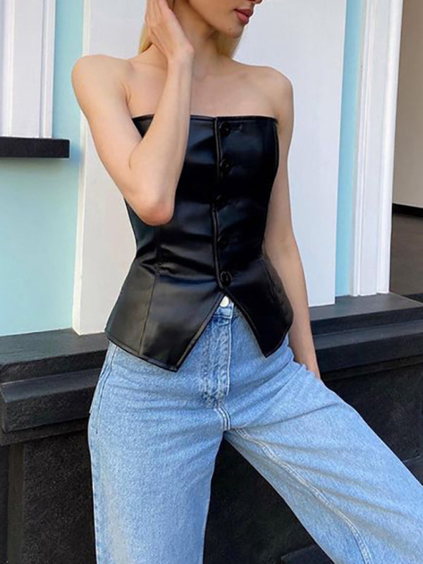 Miriana New PU Leather Single-Breasted Bateau Collar Slim And Sexy Backless Tube Top