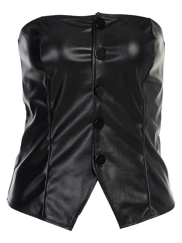 Miriana New PU Leather Single-Breasted Bateau Collar Slim And Sexy Backless Tube Top