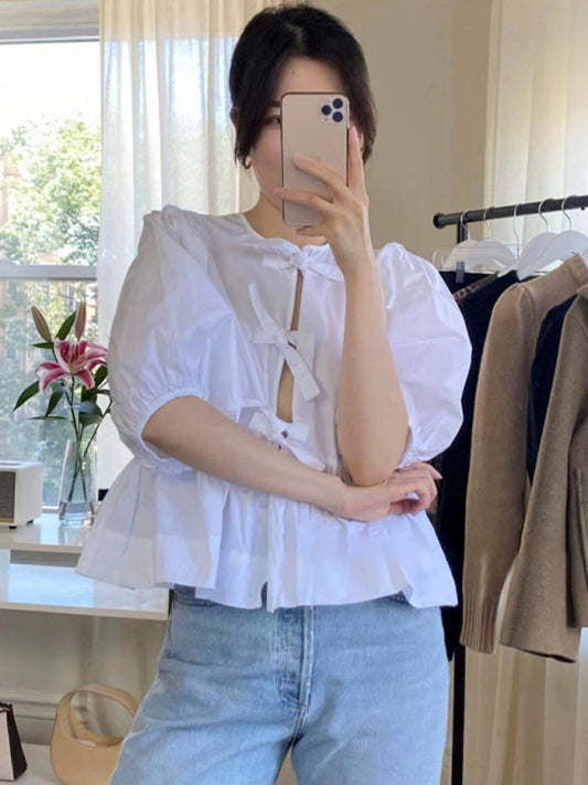 Andrina Women's Tie Puff Sleeve Waist Shirt Blouse