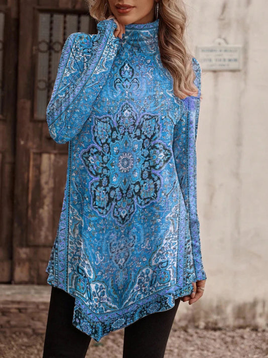 Anwen High Collar Bohemian Print Casual Long Sleeve T-Shirt