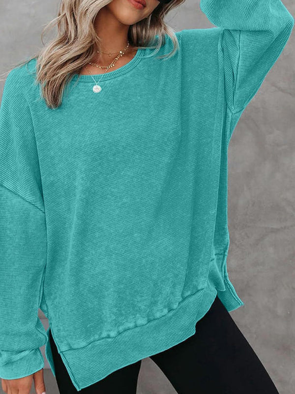 Kiana Women's Round Neck Long Sleeve Side Slit Waffle Knit Top