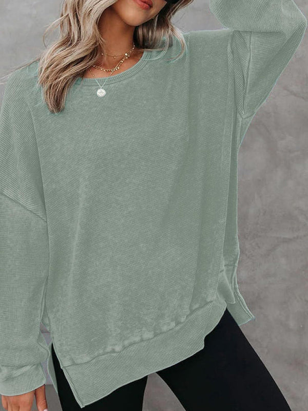 Kiana Women's Round Neck Long Sleeve Side Slit Waffle Knit Top
