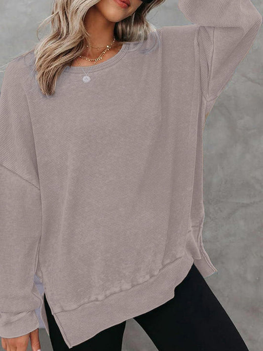 Kiana Women's Round Neck Long Sleeve Side Slit Waffle Knit Top