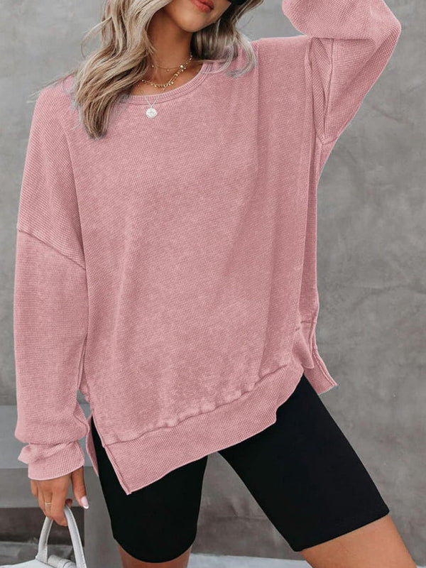 Kiana Women's Round Neck Long Sleeve Side Slit Waffle Knit Top
