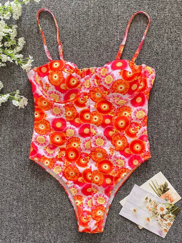 Phoebe New Flower One-Piece Low-Cut High-Cross Swimsuit