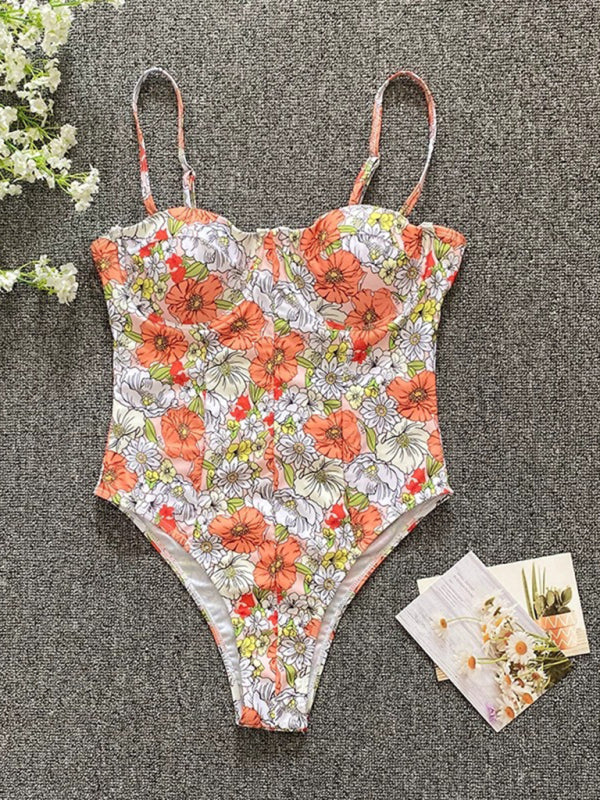 Phoebe New Flower One-Piece Low-Cut High-Cross Swimsuit