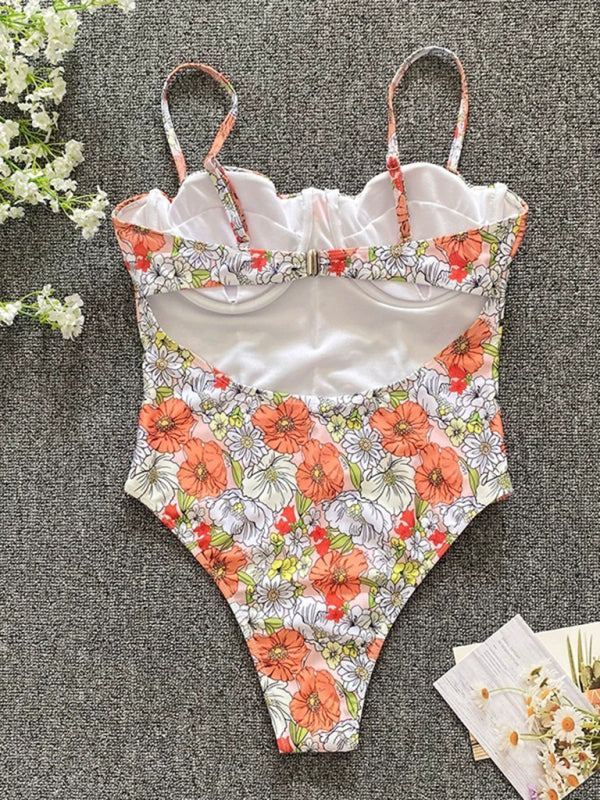 Phoebe New Flower One-Piece Low-Cut High-Cross Swimsuit