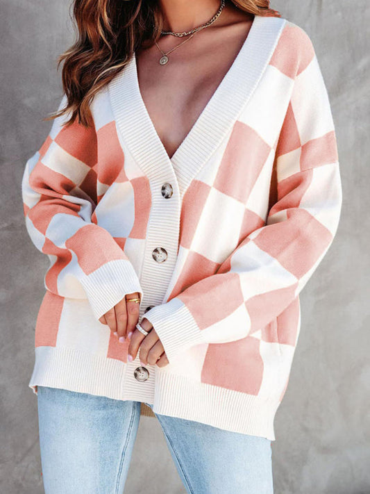Carolina Women's Checkerboard Casual Loose Button Cardigan