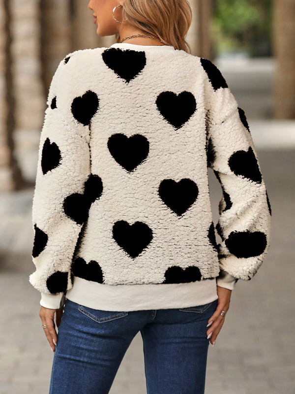Janie Women's Christmas Valentine's Day Plush Love Print Loose Long Sleeve Round Neck Pullover Sweatshirt