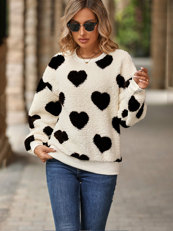 Janie Women's Christmas Valentine's Day Plush Love Print Loose Long Sleeve Round Neck Pullover Sweatshirt