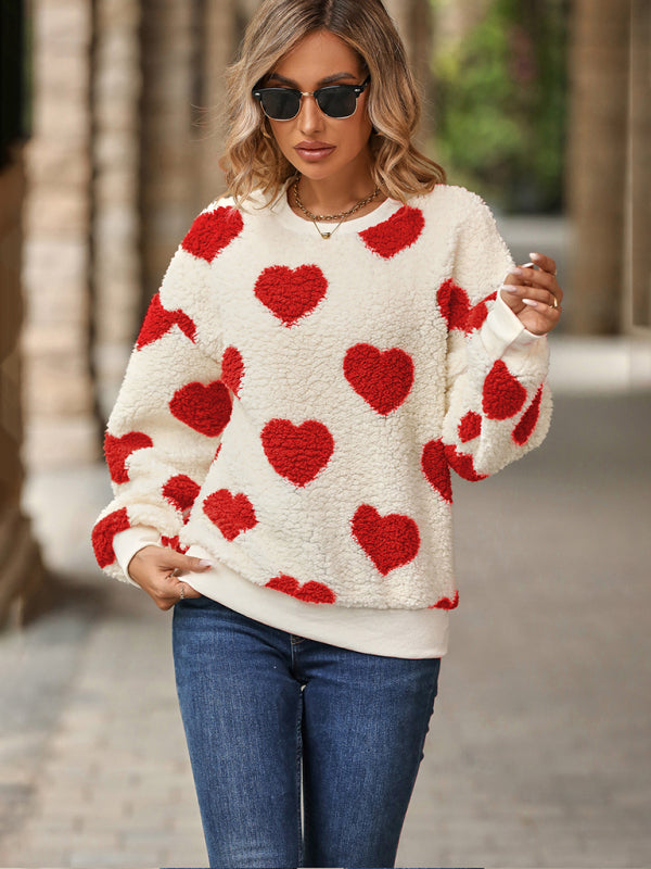 Janie Women's Christmas Valentine's Day Plush Love Print Loose Long Sleeve Round Neck Pullover Sweatshirt