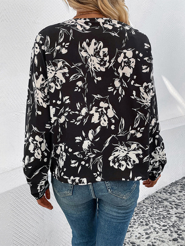 Arista New Women's Black And White Flower Printed Lapel Long-Sleeved Shirt