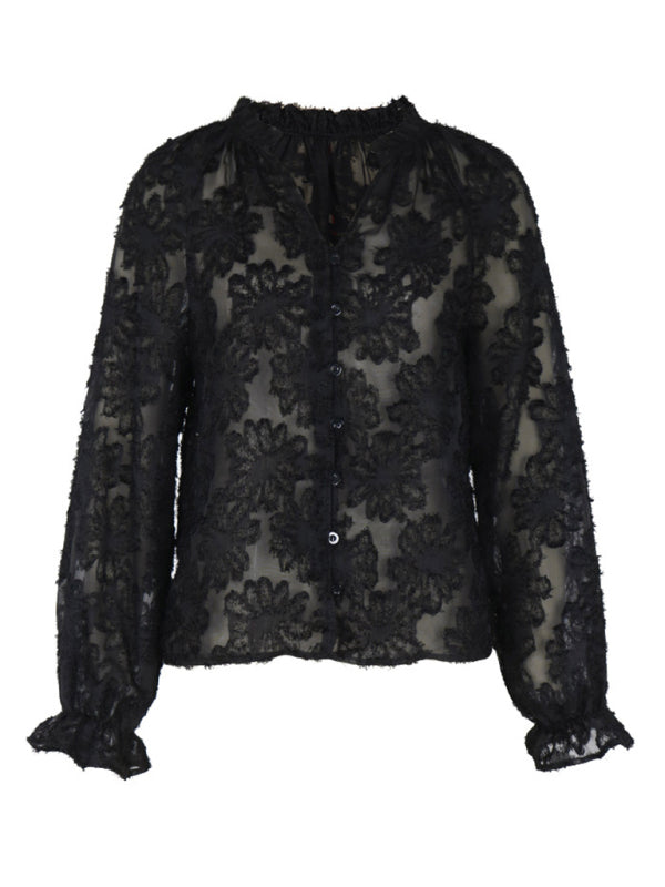 Aziel New Women's Long Sleeve Black French Top