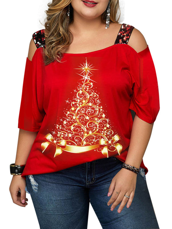 Jillian Christmas Tree Print Off-Shoulder Loose Short-Sleeved Plus Size T-Shirt Top