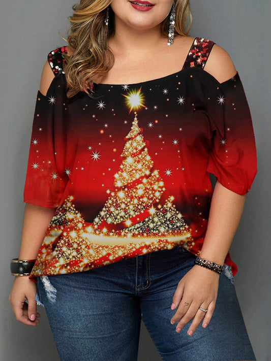 Jillian Christmas Tree Print Off-Shoulder Loose Short-Sleeved Plus Size T-Shirt Top