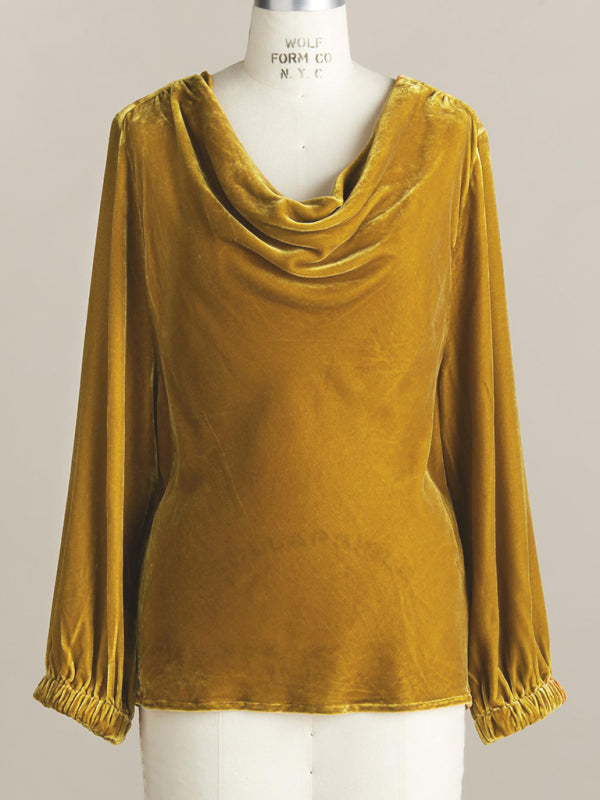 Aerilyn Women's Gold Velvet Three-Quarter Sleeve Elegant Plunging Collar Top