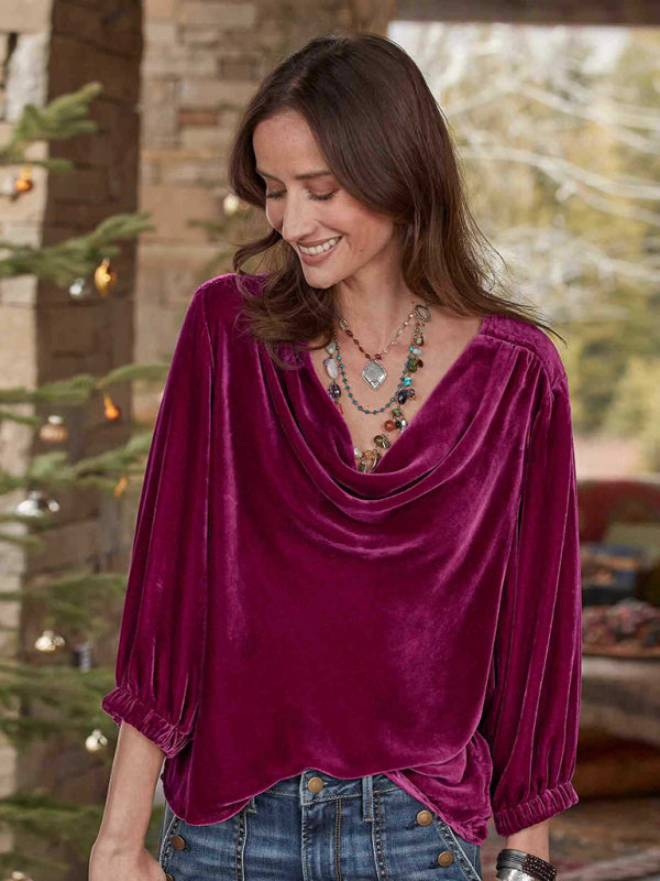 Aerilyn Women's Gold Velvet Three-Quarter Sleeve Elegant Plunging Collar Top