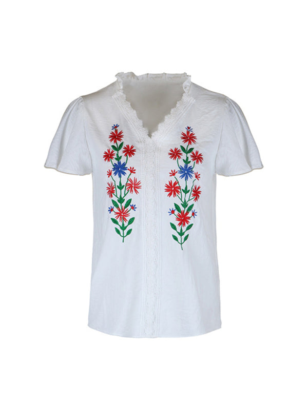 Belva New Solid Color Short Sleeve Embroidered Shirt