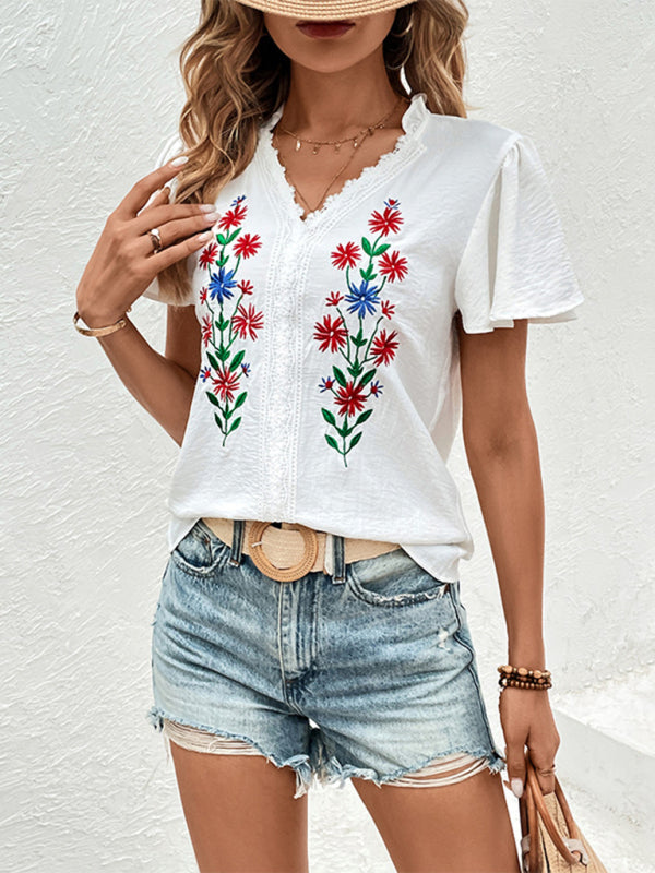 Belva New Solid Color Short Sleeve Embroidered Shirt
