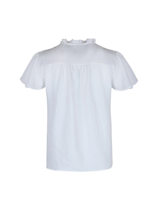 Belva New Solid Color Short Sleeve Embroidered Shirt