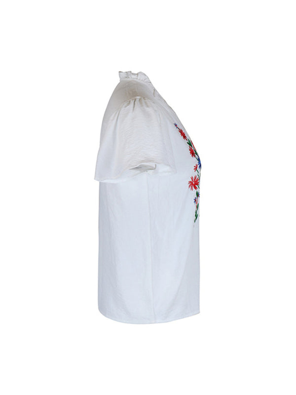 Belva New Solid Color Short Sleeve Embroidered Shirt