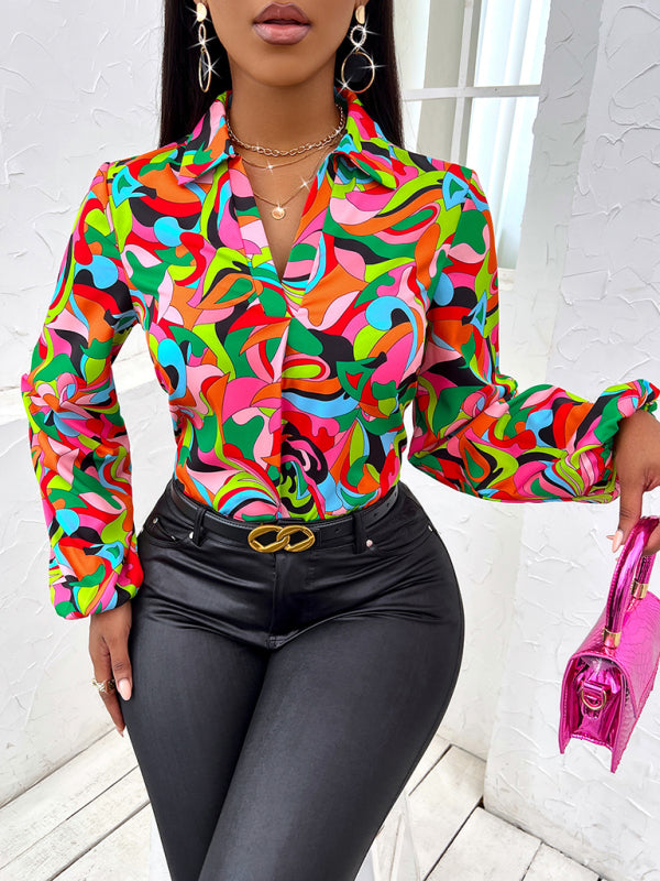 Bijoux Fashionable Slim Long-Sleeved Autumn And Winter Shirt With Printed Lapel