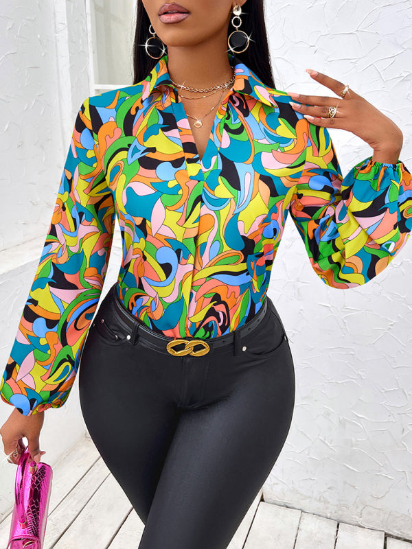 Bijoux Fashionable Slim Long-Sleeved Autumn And Winter Shirt With Printed Lapel