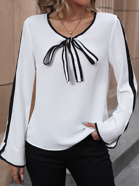 Blythe Lace-Up Bow Shirt, Long-Sleeved Contrast Shirt