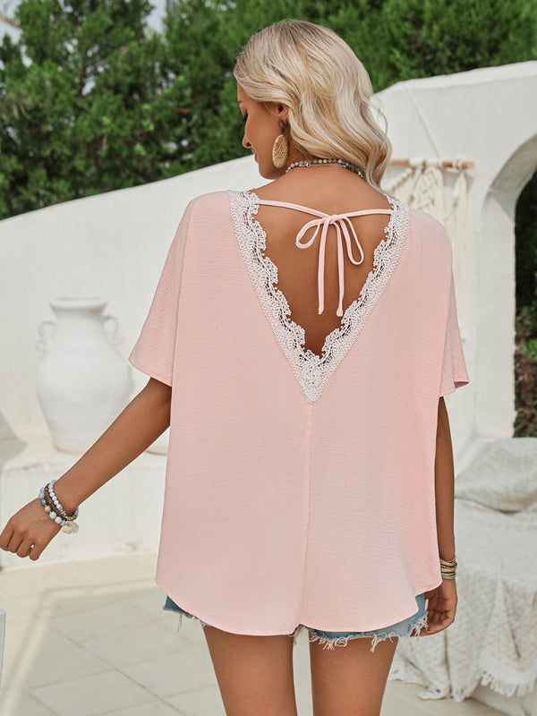 Clarinda Loose Round Neck Solid Color Lace Back Short Sleeve Top For Women