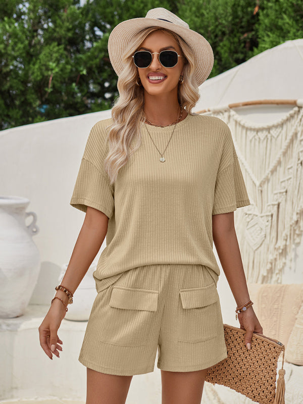 Katherine Loose round neck solid color short sleeve top and shorts suit