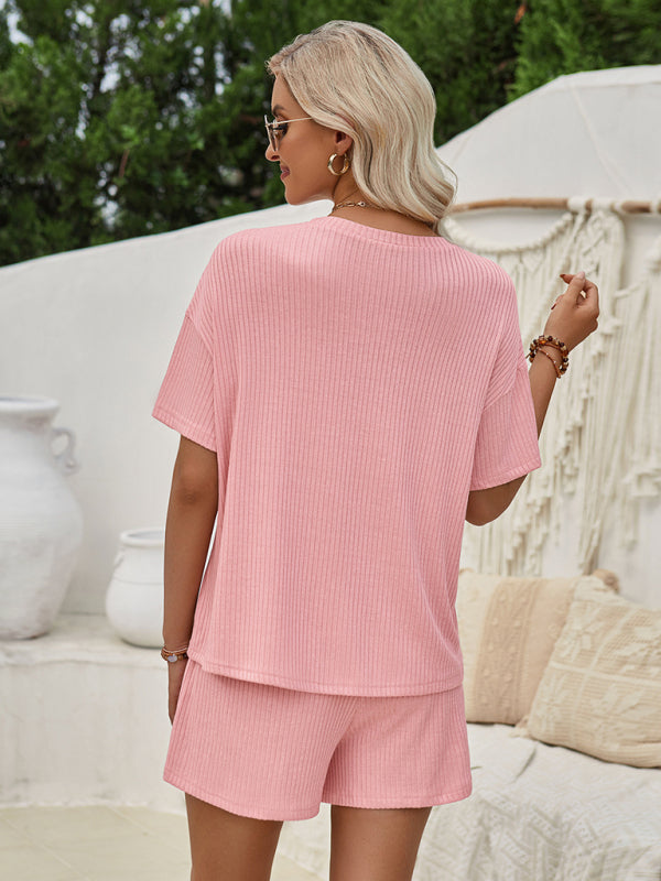 Katherine Loose round neck solid color short sleeve top and shorts suit