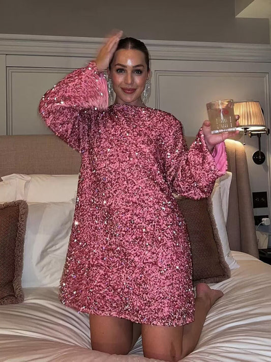 Sage Round Neck Long Sleeve Loose Sexy Sequin Dress
