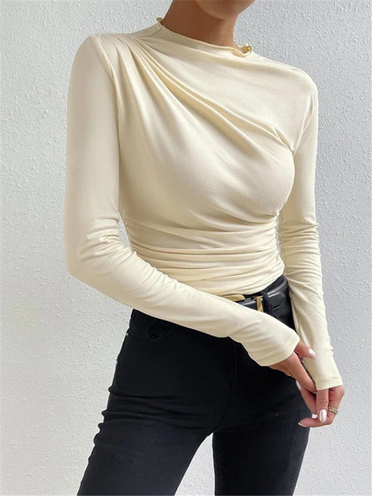 Annabelle Solid Color Slim Fit Versatile Ruffled Design Long-Sleeved T-Shirt Women's Top