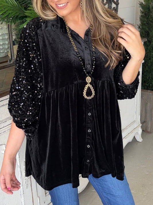 Bretta Women's V-Neck Long-Sleeved Buttoned Sequin Top