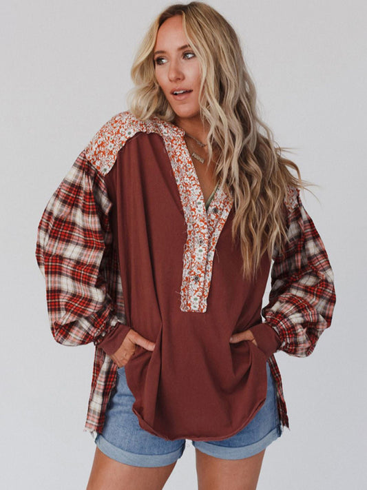 Raven Women's Round Neck Plaid Printed Loose Long Sleeve Top