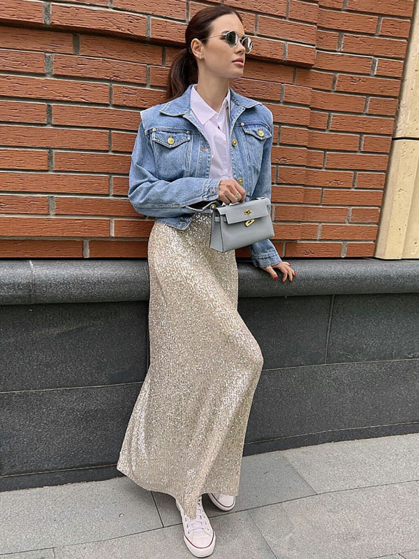 Bellamy New Women's Long Sleeve Top Long Skirt Sequin Suit
