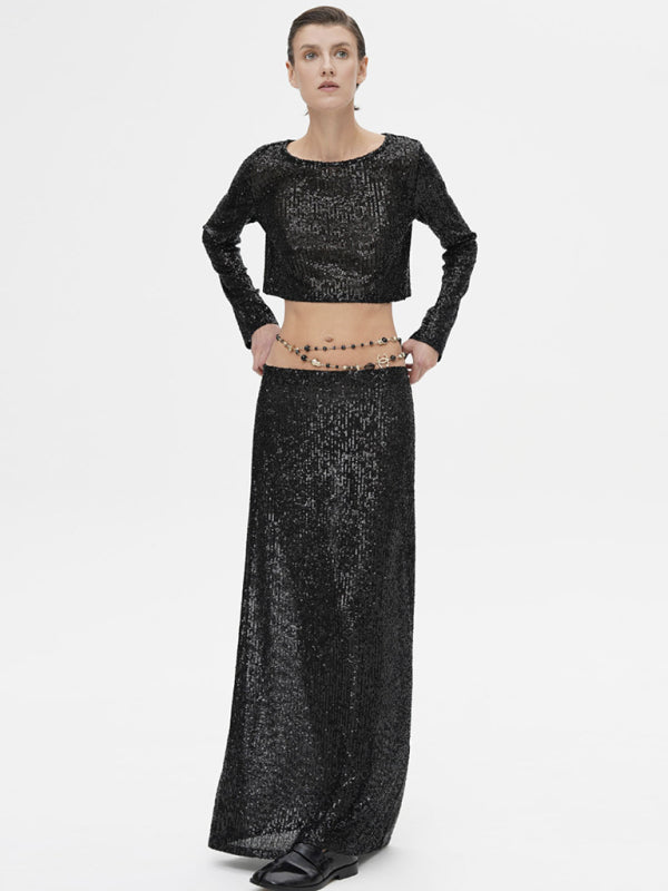 Bellamy New Women's Long Sleeve Top Long Skirt Sequin Suit