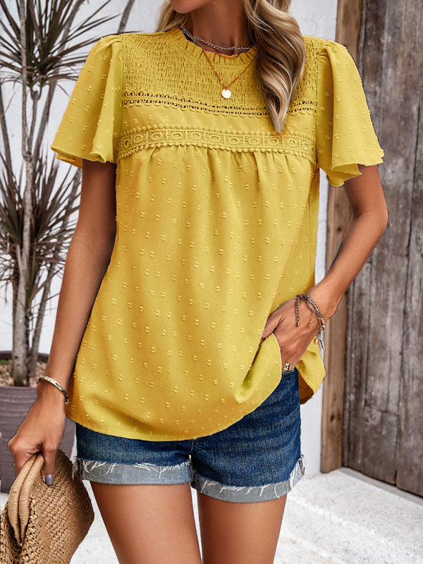 Elara Women's Elegant Solid Color Short-Sleeved Lace Blouse