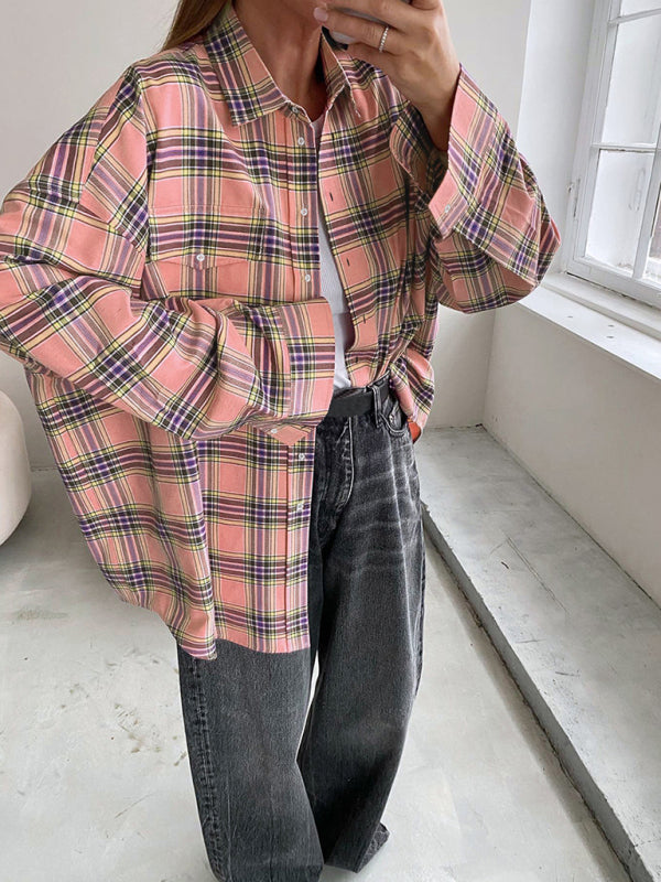 Drusilla Women's New Retro Classic Plaid Lapel Long-Sleeved Shirt