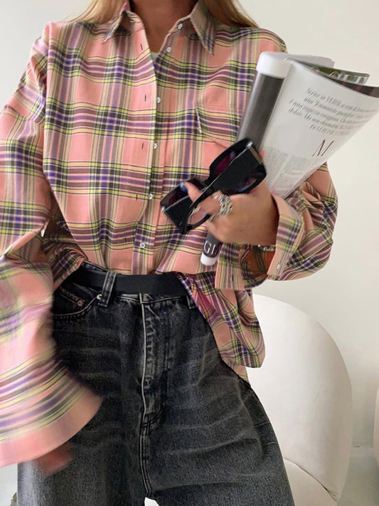 Drusilla Women's New Retro Classic Plaid Lapel Long-Sleeved Shirt