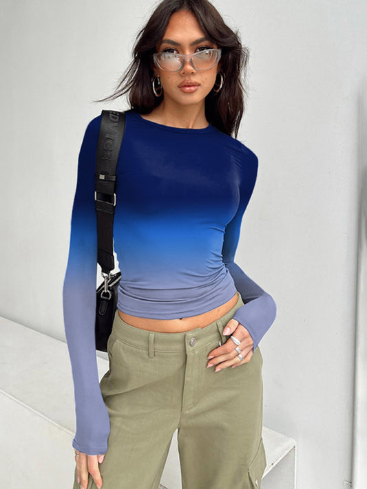 Rachel Gradient Round Neck Long Sleeve Basic Top